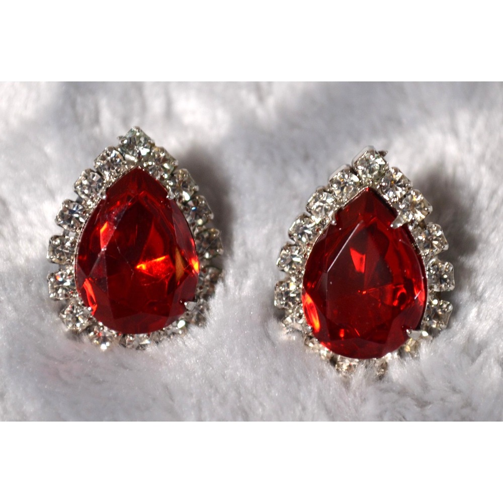 Silver Tone Teardrop Pierced Stud Earrings w/ Large Red Rhinestone & Small Clear